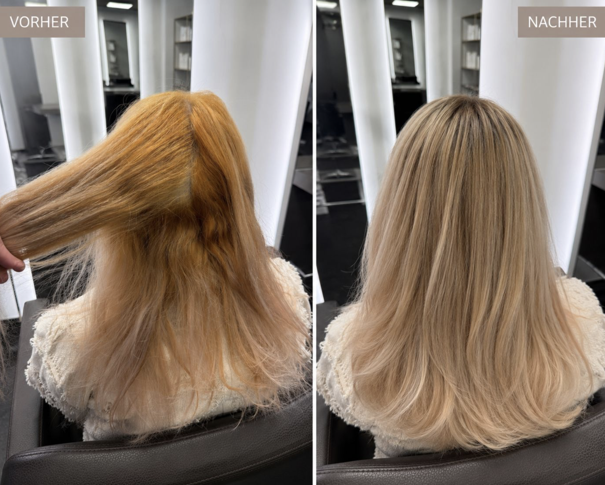 Vorher Nachher Coloration Korrektur Blond – Friseur München Pasing